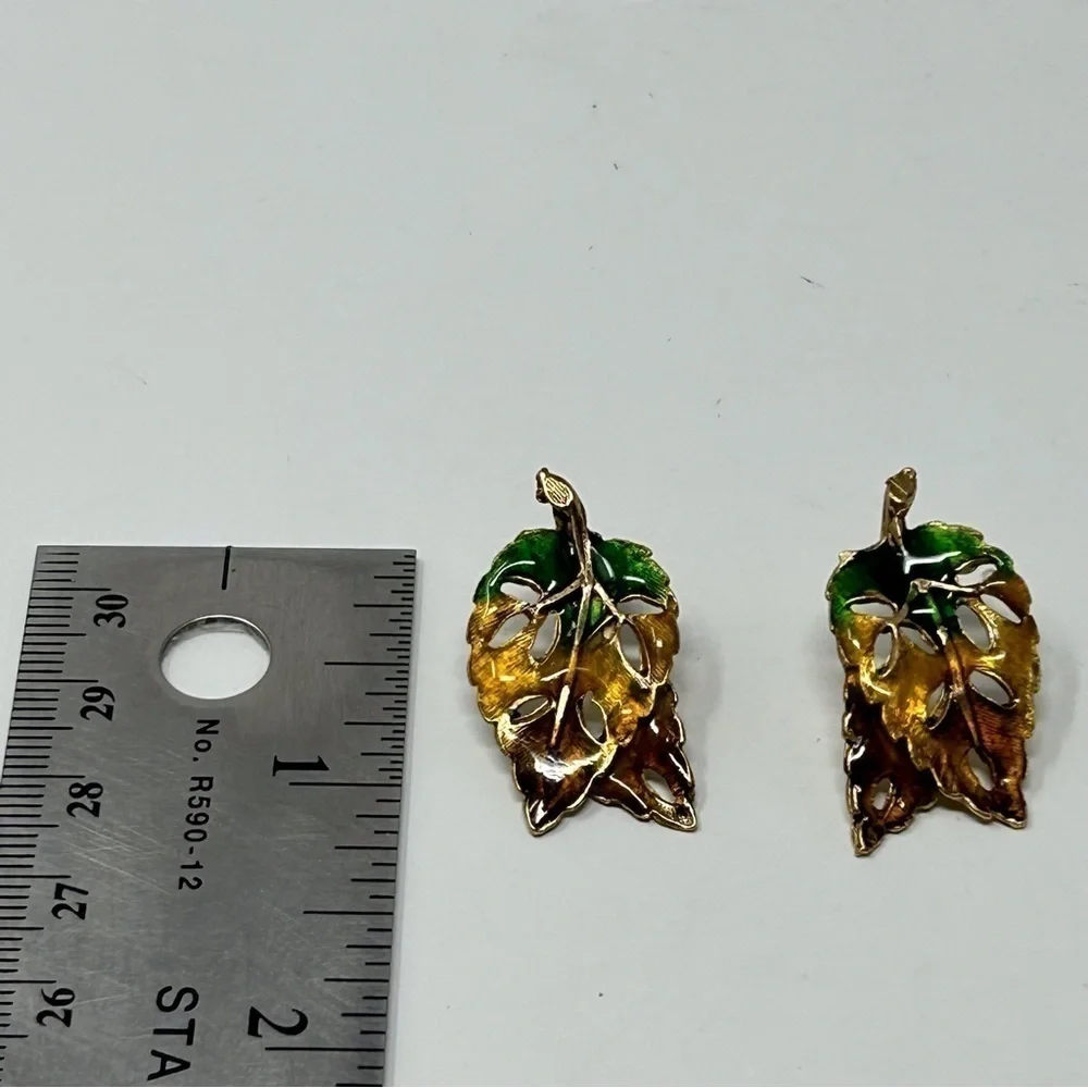Small Green and Brown Multicolor Enamel Leaf Stud Earrings Fall Foliage